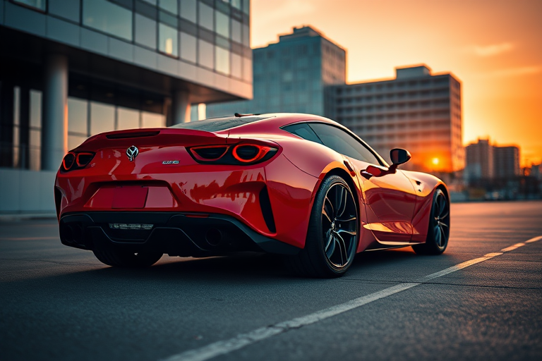 Generate a high-resolution image of a sleek red sports car parked in a modern urban setting during sunset, using a DSLR camera with a 50mm lens, aperture f/1.8, ISO 200, and a low angle view to highlight the car's curves and reflections.