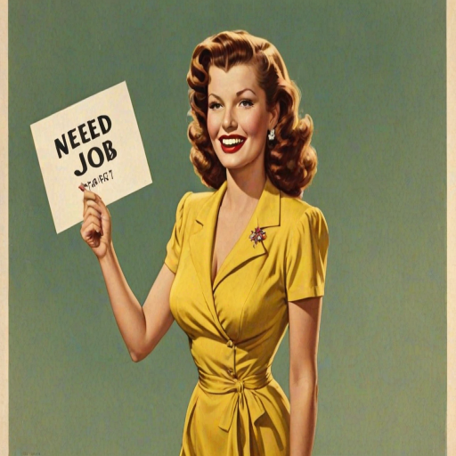 caricature of a smiling Rita Hayworth in a Yellow dress or suit, holding up a sign that says "NEED A JOB", no watermark,