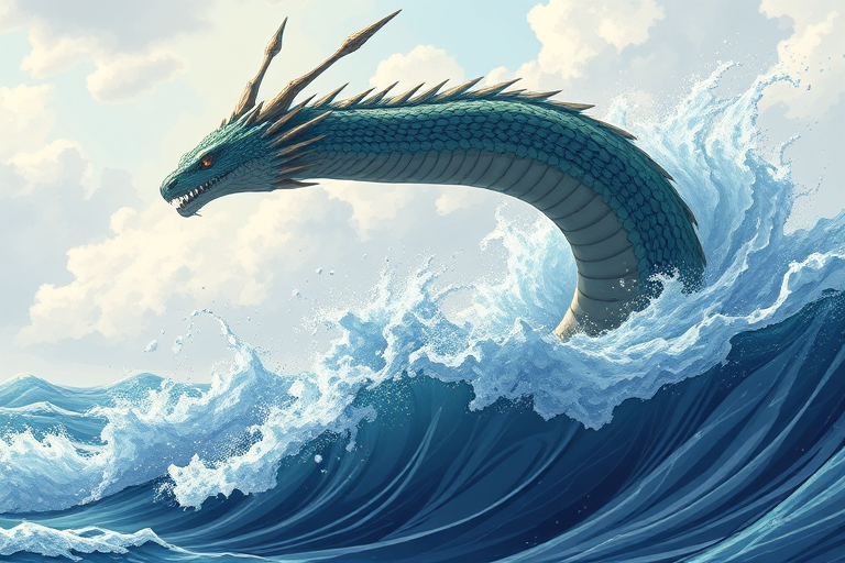 Create a high-resolution illustration of a mythical sea serpent rising from the waves with a detailed background, using a DSLR camera with a 50mm lens, f/2.8 aperture, ISO 100, and soft natural lighting to enhance clarity and vibrancy.