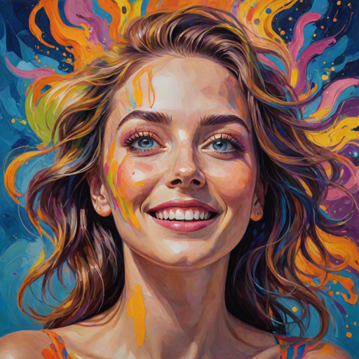 Generate a psychedelic portrait of a woman's happy face with brushstrokes of a woman smiling and looking up at the sky, emphasizing bright and bold colors. The dominant color should be deep blue, with swirling patterns of yellow, green, pink, purple and orange. open blue eyes with long eyelashes, apply an orange-yellow eyeshadow for a mesmerizing effect.