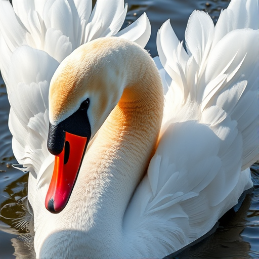 Create a highly detailed, artistic representation of a swan with elegant wings in motion, showcasing fluid gold and silver splashes, using a DSLR camera with a 50mm lens, aperture f/1.8, ISO 100, shooting in soft natural light from a low angle to capture intricate textures and vibrant colors.