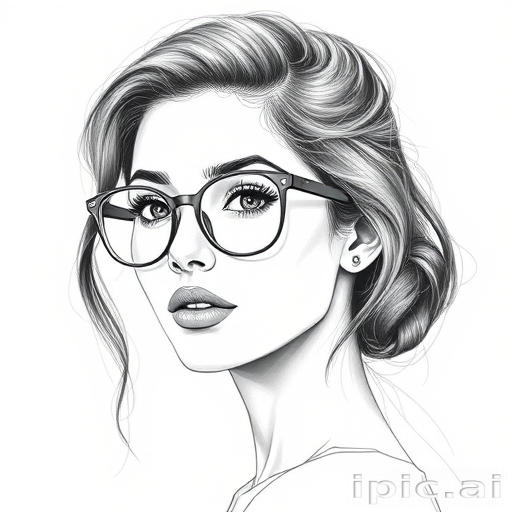 hot mia khalifa, pencil sketch, portrait of beautiful woman 60s in glasses, hair style beatnik, outline, clear lines, fine lines, 8k
