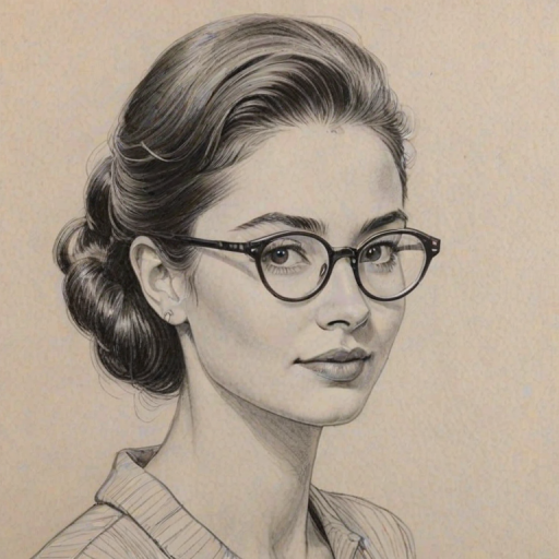 Graceful Emily Robinson, pencil sketch, portrait of Lovely woman 1957s in glasses, hair style beatnik, outline, clear lines, fine lines, 8k