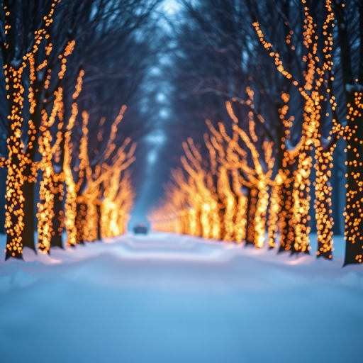 snowy pathway lined with trees adorned with warm fairy lights, soft focus, wide aperture f/1.8, ISO 100, 50mm lens, shallow depth of field, soft natural lighting, DSLR camera, evening light ambiance