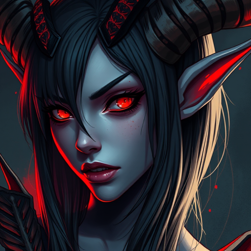 Create a vibrant illustration of a dark, horned female character with striking red accents and intense eyes, captured using a DSLR camera at f/1.8, ISO 100, 50mm lens, in a close-up shot to emphasize details and texture with dramatic lighting.