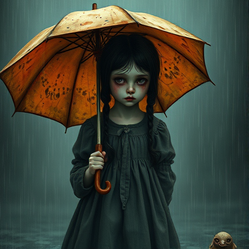 An eerie, weird little girl with dark hair in thin pigtails, wearing a smock dress, standing in the rain, holding a dirty orange umbrella, a small, odd creature beside her. In a surreal style inspired by Nicoletta Ceccoli and Brian Froud. Dark fantasy themes