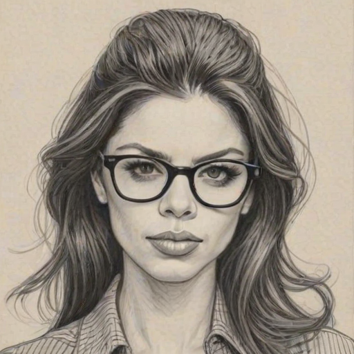 Fetching Vanessa Ferlito, pencil sketch, portrait of Ravishing woman 1967s in glasses, hair style beatnik, outline, clear lines, fine lines, 8k
