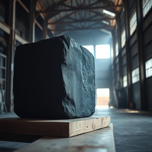 a large dark stone cube with rough edges resting on a wooden platform inside an industrial warehouse, soft dramatic lighting highlighting the texture of the stone, taken with a DSLR camera, aperture f/2.8, ISO 200, shutter speed 1/60 sec, 50mm lens, low angle view, shallow depth of field, hyper-realistic style