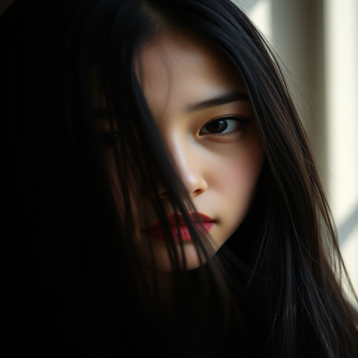 portrait of a young woman with long black hair partially obscured by soft light, focusing on her thoughtful expression, captured with a 50mm lens at f/1.8, ISO 100, in natural light with soft shadows, using a full-frame DSLR camera for enhanced image quality