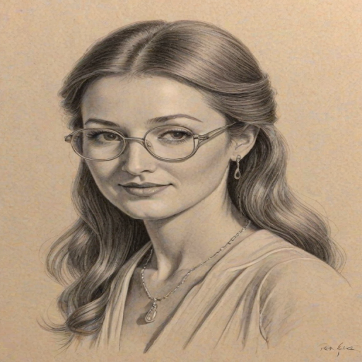 Beauteous Jane Seymour, pencil sketch, portrait of Enchanting woman 1931s in glasses, hair style beatnik, outline, clear lines, fine lines, 8k