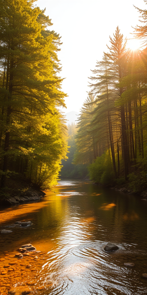 Create an image of a serene, sunlit forest scene with a clear, gently flowing river. Tall trees with lush green foliage line both sides of the river, their leaves bathed in the warm golden light of the setting or rising sun. The sunlight filters through the trees, casting soft, dappled light on the river, which flows over smooth rocks and pebbles, creating a peaceful, natural atmosphere. The sky is bright with a few scattered clouds, and the overall mood is tranquil, evoking a deep sense of connection with nature. The image captures the beauty of a calm, pristine forest landscape at either dawn or dusk.