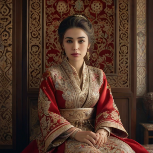 A beautiful Turkish woman in traditional East Asian attire, intricately detailed with embroidered patterns, sitting gracefully in a richly decorated room, soft ambient lighting, serene and elegant, ultra-realistic, 8K resolution