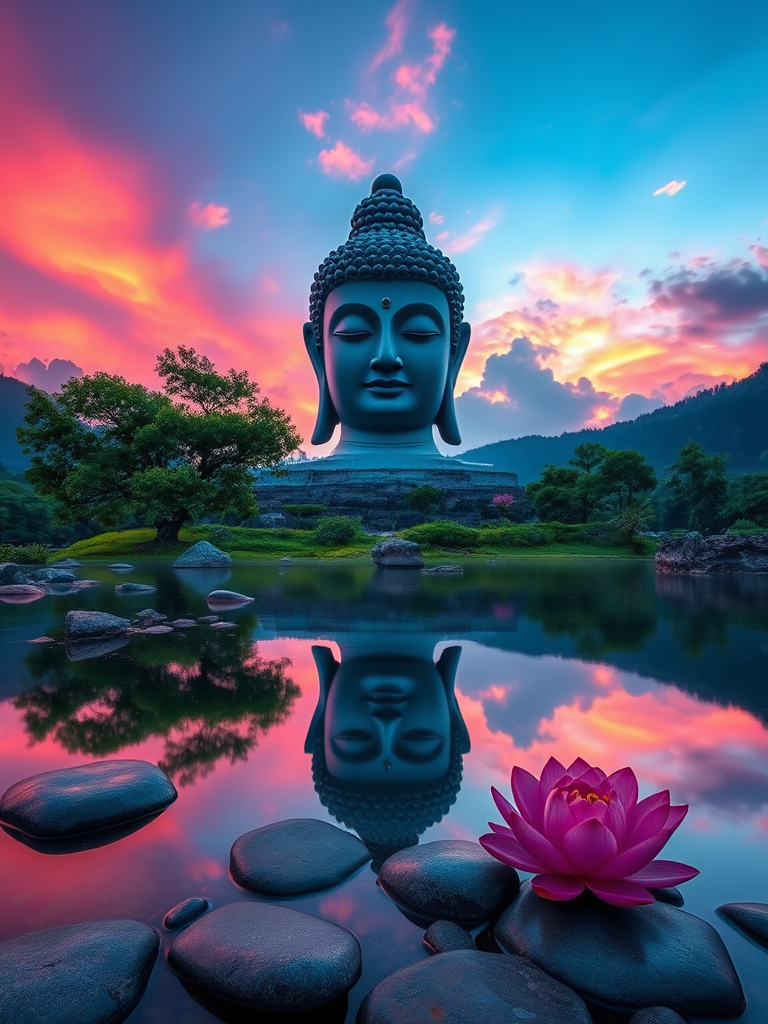 Create a serene landscape featuring a large, tranquil Buddha head emerging from a dreamy, colorful sunset sky with soft shades of pink and purple, include a calm water reflection enhanced by smooth stones, a lush green tree, and a blooming lotus flower, use a Canon EOS R5 camera, f/8 aperture, 1/125 second shutter speed, ISO 100, shot in HDR mode for enhanced dynamic range.