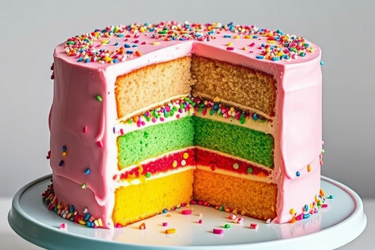 A colorful layered cake with pink frosting on top, decorated with sprinkles, featuring a slice cut out to reveal multiple layers of vibrant colors and sprinkles inside, presented on a light blue cake stand.