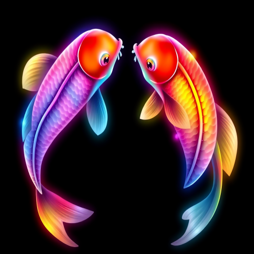 Create a vibrant digital illustration of two koi fish in a yin-yang formation, featuring a rainbow gradient color scheme on a black background, captured with a high-resolution digital camera, 50mm lens, f/2.8 aperture, ISO 100, and a soft focus style to enhance the glow effect.