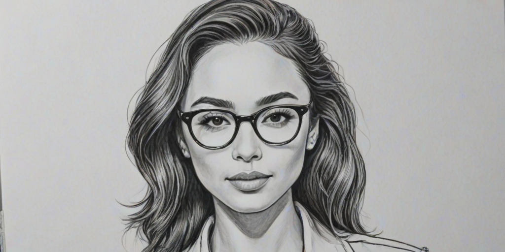 Enticing Cara Santana, pencil sketch, portrait of Delightful woman 1944s in glasses, hair style beatnik, outline, clear lines, fine lines, 8k