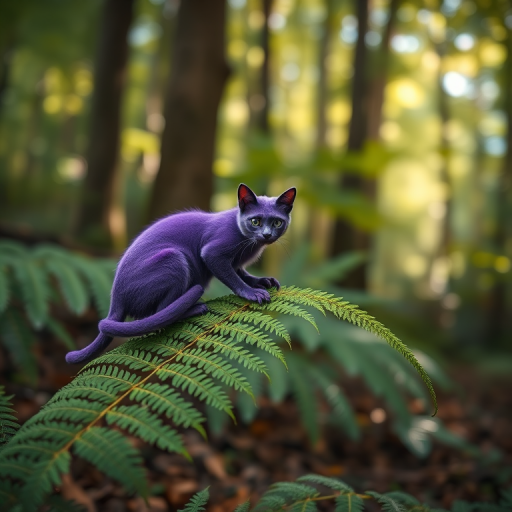 A mystical purple cat-like creature perched on a lush green fern in a vibrant forest setting, soft sunlight filtering through the trees, photographed with a Canon EOS R5, 50mm lens, f/1.8 aperture, ISO 200, natural lighting for enhanced color depth and sharpness.
