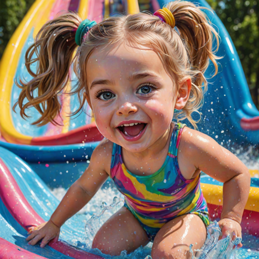 A sassy caricature toddler girl with medium highlighted hair in a messy braid, light eyes, fluffy long lashes, silly funny faces, wearing a colorful swimsuit, going down a waterslide face first, lots of water, created in highlighted chalk style, vibrant colors, background is a park with acrylic paint, airbrush