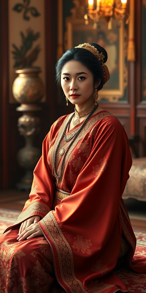 A beautiful Nepali woman in traditional East Asian attire, intricately detailed with embroidered patterns, sitting gracefully in a richly decorated room, soft ambient lighting, serene and elegant, ultra-realistic, 8K resolution