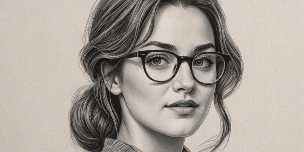 Bewitching Shailene Woodley, pencil sketch, portrait of Magnificent woman 1953s in glasses, hair style beatnik, outline, clear lines, fine lines, 8k