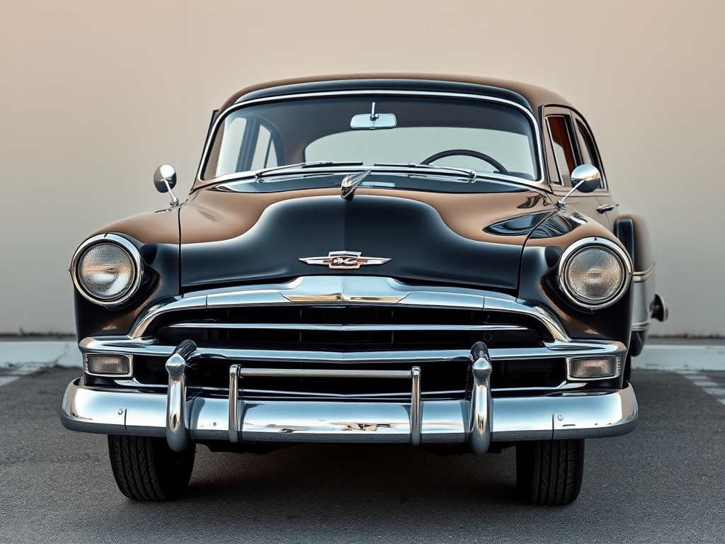 Regenerate the image of a classic black car with chrome accents parked against a neutral background, using a DSLR camera with a 50mm lens at f/1.8, ISO 100, and a shutter speed of 1/200 sec, in a three-quarter front view to enhance details and depth.