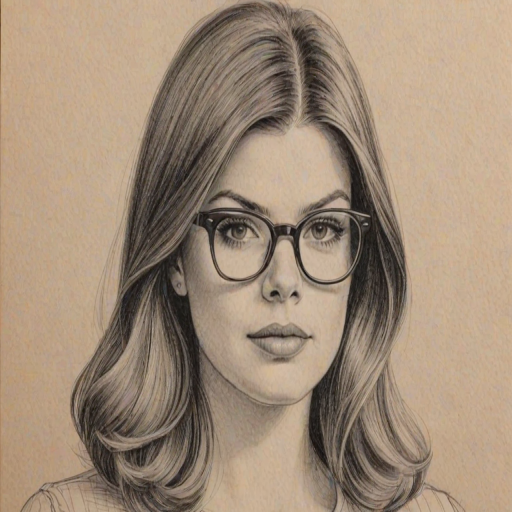 Alluring Casey Wilson, pencil sketch, portrait of Bewitching woman 1969s in glasses, hair style beatnik, outline, clear lines, fine lines, 8k