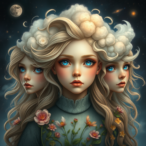 Create a series of imaginative portraits where each subject is infused with elements of fantasy and nature. The hair of the individuals should flow like clouds, varying from soft, fluffy cumulus to wispy cirrus strands, with hints of color reflecting a sunset or a clear blue sky. The eyes should be windows to entire galaxies, with stars, nebulae, and distant planets visible within them. Clothing should be adorned with nature motifs, such as floral patterns that bloom and change, vines that seem to grow and wrap around, or feathers that shimmer with iridescence. Each portrait should capture a unique personality, blending human features with the ethereal beauty of the natural and cosmic world. The backgrounds can vary, from starry night skies to enchanted forests, adding depth and context to the magical realism of the portraits