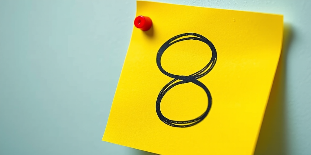 Create a vibrant yellow sticky note with a hand-drawn black number 8, close-up shot, using a DSLR camera at f/2.8 aperture, ISO 100, 50mm lens, natural lighting, and a slight vignette effect for emphasis.