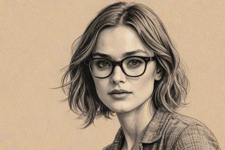 Comely Keira Knightley, pencil sketch, portrait of Captivating woman 1922s in glasses, hair style beatnik, outline, clear lines, fine lines, 8k