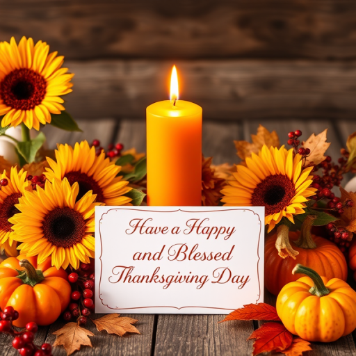 Create an image of a warm Thanksgiving scene featuring a lit orange candle surrounded by sunflowers, small pumpkins, red berries, and autumn leaves. Include a white card with elegant text that reads Have a Happy and Blessed Thanksgiving Day. The background should have a cozy, rustic wooden table setting.