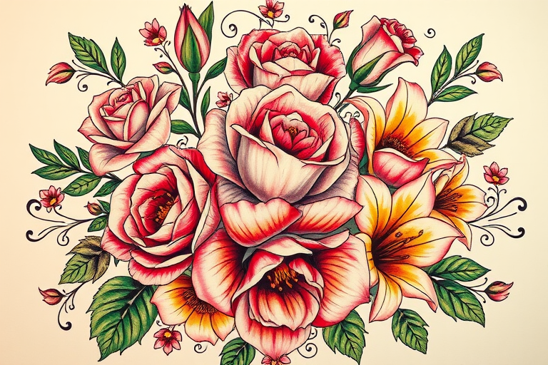 Neotraditional tattoo titled "Floral Reverie" depicting a lush arrangement of vibrant roses, peonies, and lilies intertwined with ornate filigree designs, distinguished by its bold outlines and rich color palette
