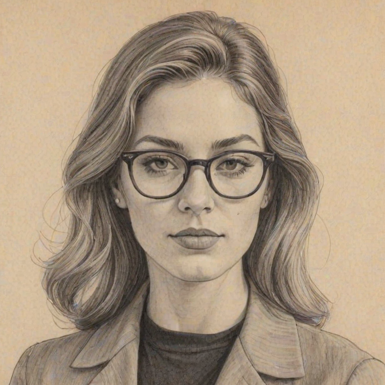 Sublime Dixie D'Amelio, pencil sketch, portrait of Charming woman 1974s in glasses, hair style beatnik, outline, clear lines, fine lines, 8k