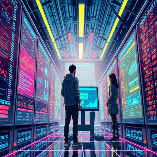 Create a detailed digital illustration depicting a futuristic data center scene with two figures interacting with large display screens, showcasing data analytics and network connections, using a wide-angle lens, f/4 aperture, ISO 100, with a focus on vibrant color contrast and depth.