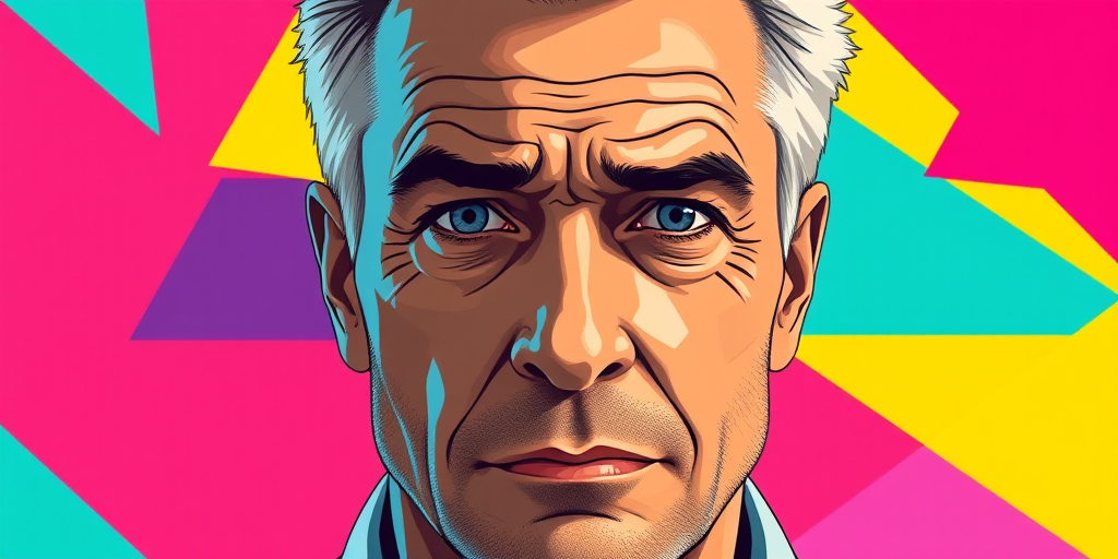 Create a high-resolution illustration of a matured man with distinct angular features and a focused expression, using a soft focus lens, 50mm f/1.8 aperture, shot in natural light from the front, in a vibrant pop art style with geometric shapes and bright colors in the background.