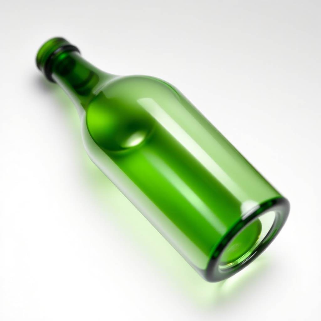 Create a high-resolution image of an empty green glass wine bottle on a plain white background using a DSLR camera at f/4 aperture, 50mm lens, ISO 100, and a 1/125 second shutter speed, with soft diffused lighting to enhance reflections.