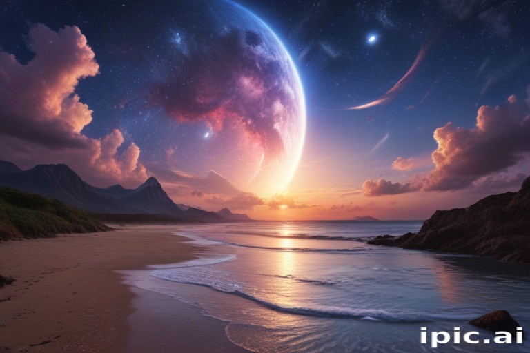 Stunning Cosmic Landscape at Sunset with Majestic Mountains and Ocean Waves