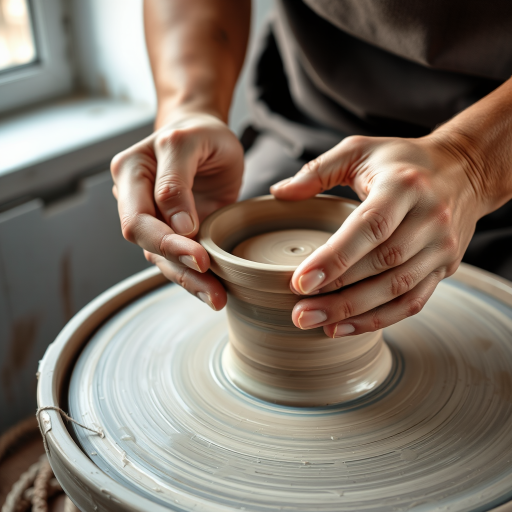 Close-up of a pair of hands crafting a clay pot on a pottery wheel, soft natural light from a nearby window illuminating the spinning clay, with splatters of wet clay softly blurred in the background.
