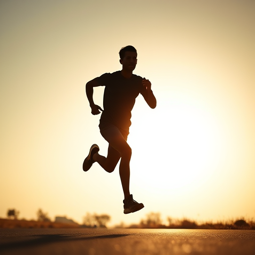 Create a silhouette of a person running, capturing dynamic motion with soft backlighting, use a Canon EOS R5, aperture f/2.8, shutter speed 1/500s, ISO 100, shoot from a low angle with a wide-angle lens for dramatic effect.