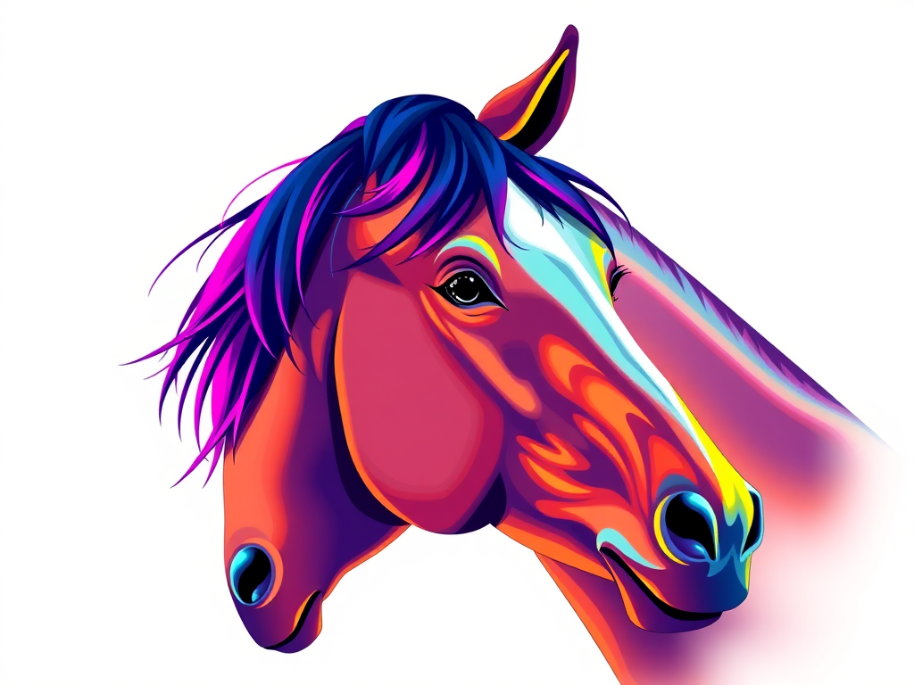 Create a vibrant vector illustration of a horse's head with dynamic shading, use a 50mm lens, f/2.8 aperture, shot from a slight side angle with a digital camera in a studio setting for enhanced color and detail.