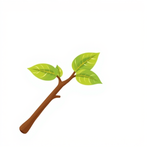 illustration of a brown twig with two green leaves sprouting from it against a white background