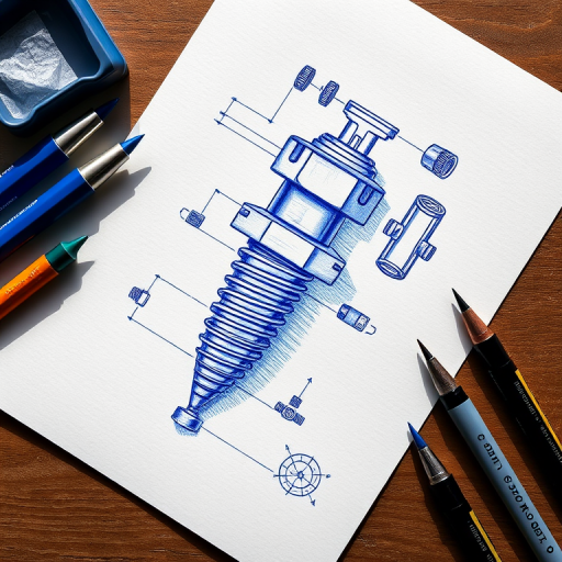 Create a highly detailed technical drawing of a mechanical screw and various attachment components, using blue ink on textured paper, captured with a DSLR camera at f/8 aperture, ISO 100, 50mm lens, top-down view to emphasize precision and clarity, with natural lighting to enhance shadows and highlights.