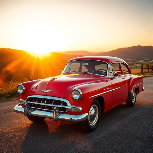 Capture a vibrant red vintage car parked in a scenic location during golden hour, using a DSLR camera with a 50mm lens, aperture set to f/2.8, ISO 100, shutter speed 1/200 sec, with a shallow depth of field to highlight the details of the car while softly blurring the background.