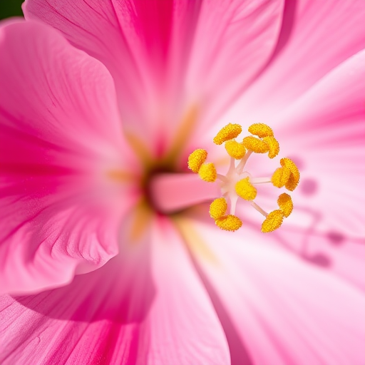 high-resolution close-up of a pink flower with intricate petals and yellow stamen, shot with a macro lens at f/2.8, ISO 100, natural lighting, DSLR camera, vibrant colors and fine details