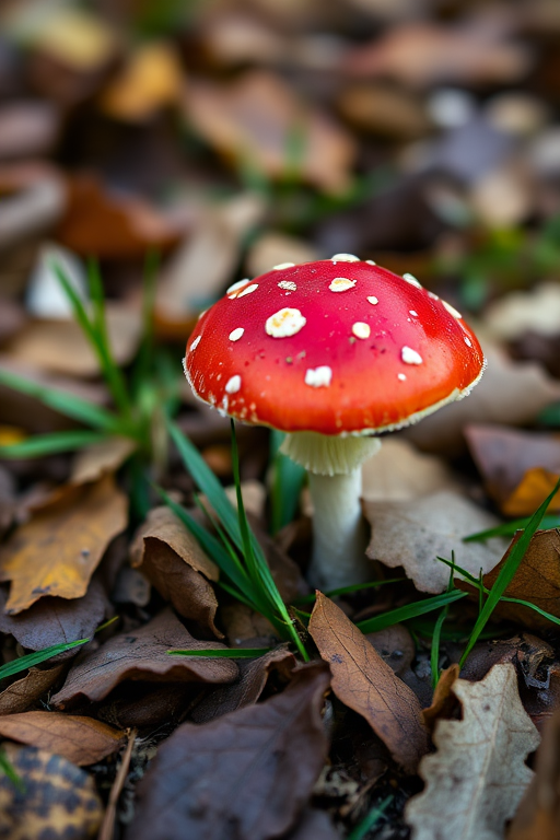 a vibrant red mushroom with white spots growing amidst fallen leaves and grass, captured in a shallow depth of field at f/2.8, 50mm lens, ISO 100, natural lighting, taken from a low angle to emphasize the mushroom against a blurred background.