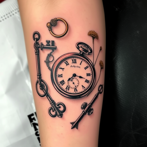 Realism tattoo called "Frozen in Time" depicting a hyper-realistic still life composition of vintage objects such as an old pocket watch, antique keys, and dried flowers, with incredible attention to detail and shading that creates the illusion of three-dimensionality on the skin, ideal for history buffs and those who appreciate the beauty of everyday objects.