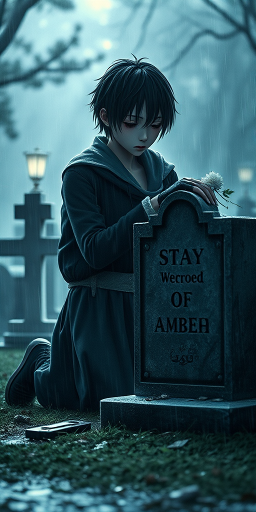 Create an emotional scene depicting a character in a rain-soaked graveyard, kneeling beside a gravestone, holding a flower, with a focus on the character's expression of sorrow, use a DSLR camera with a 50mm lens, aperture set to f/1.8 for a shallow depth of field, ISO 400, and a soft diffused lighting style to enhance the mood and clarity of the image.