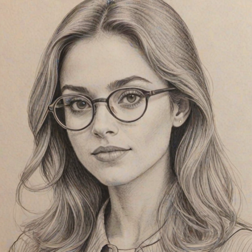 Radiant Ariana Greenblatt, pencil sketch, portrait of Ravishing woman 1971s in glasses, hair style beatnik, outline, clear lines, fine lines, 8k