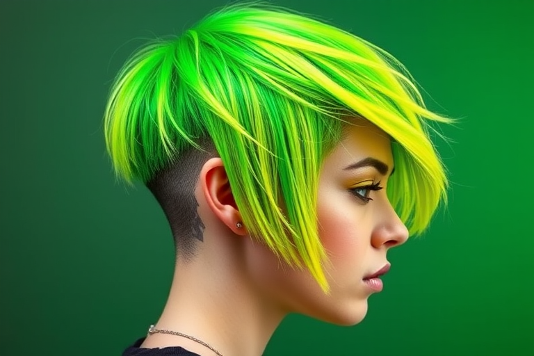 Edgy neon green asymmetrical bob with a shaved undercut design, featuring electric yellow highlights and styled in choppy textured layers