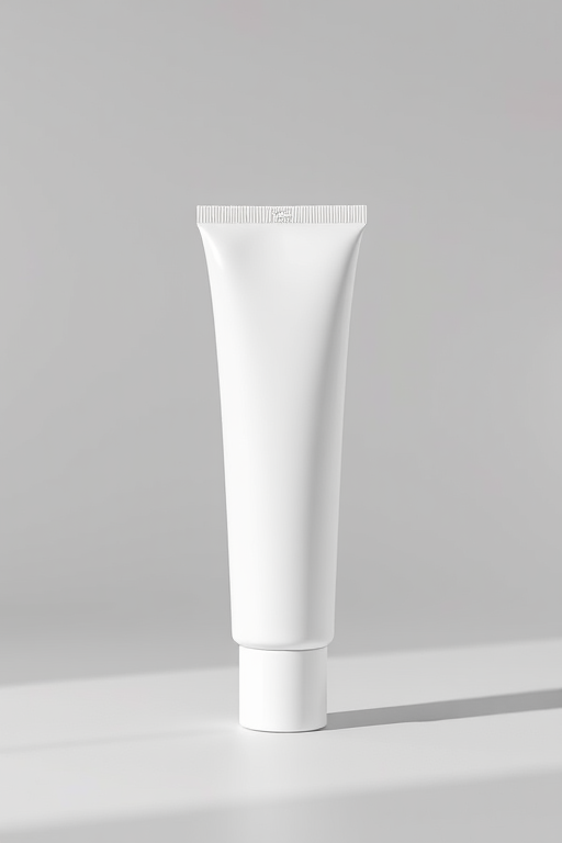 render a high-quality image of a white cosmetic tube standing upright on a neutral gray background with soft diffused lighting, camera settings: ISO 100, f/8, shutter speed 1/125s, camera view: centered, camera style: product photography, camera type: DSLR