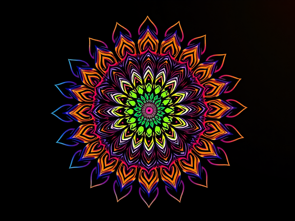 create a vibrant mandala with intricate patterns and a black background using a Nikon D850 camera, 50mm lens, f/8 aperture, ISO 100, and a soft focus style for enhanced image quality